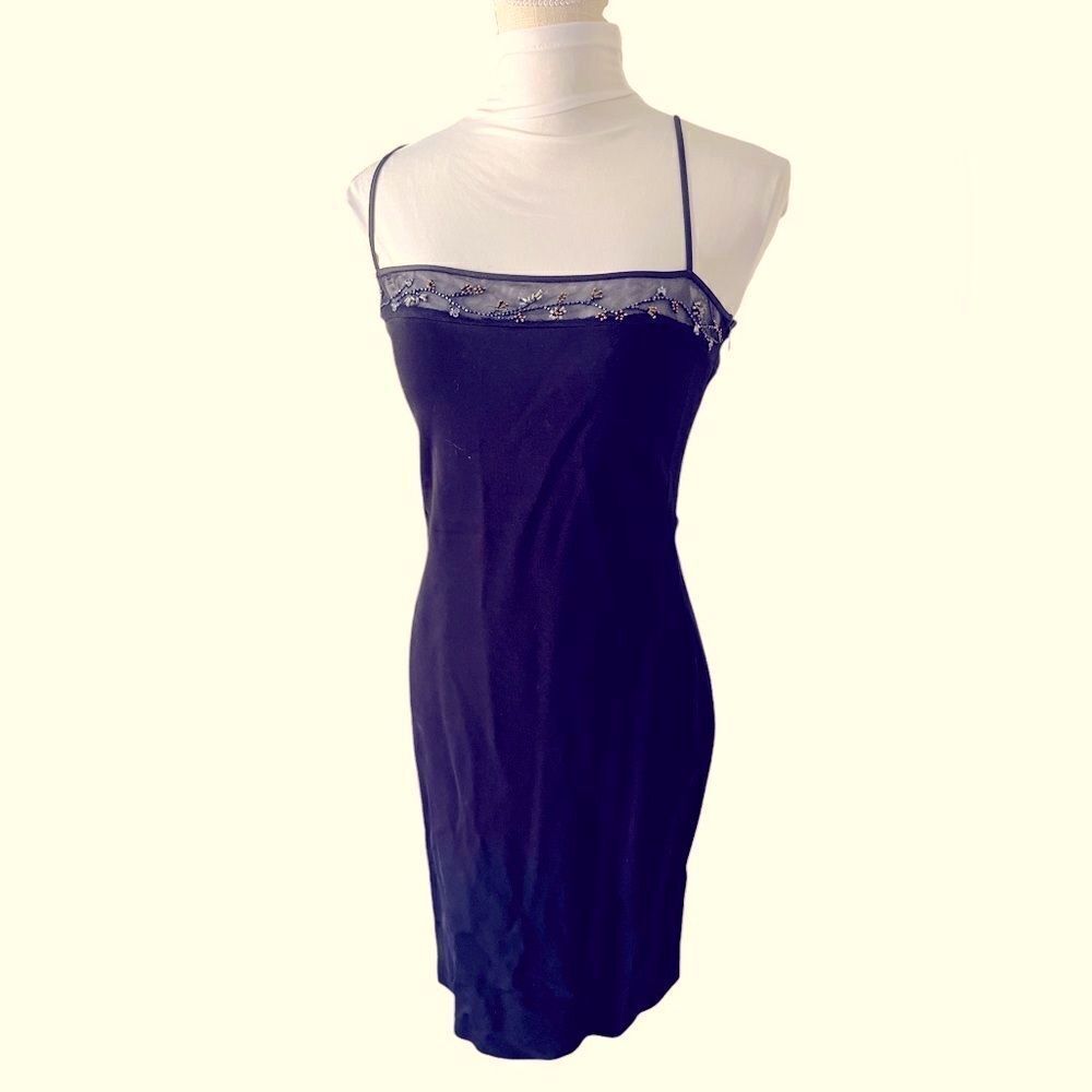 Shelli Segal Bodycon VTG Beaded Mesh Top Spaghetti Straps Party Dress
